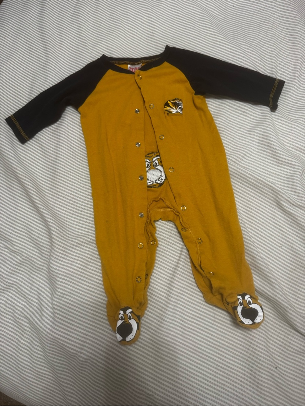 Cozy Mustard & Black Tiger Footed One-Piece for Kids
